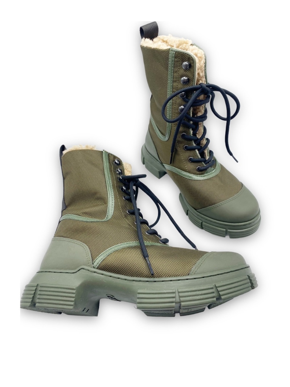 GANNI Combat Boots Mixed Media Lace Up Sherpa Lined Hiking Size 36 NEW